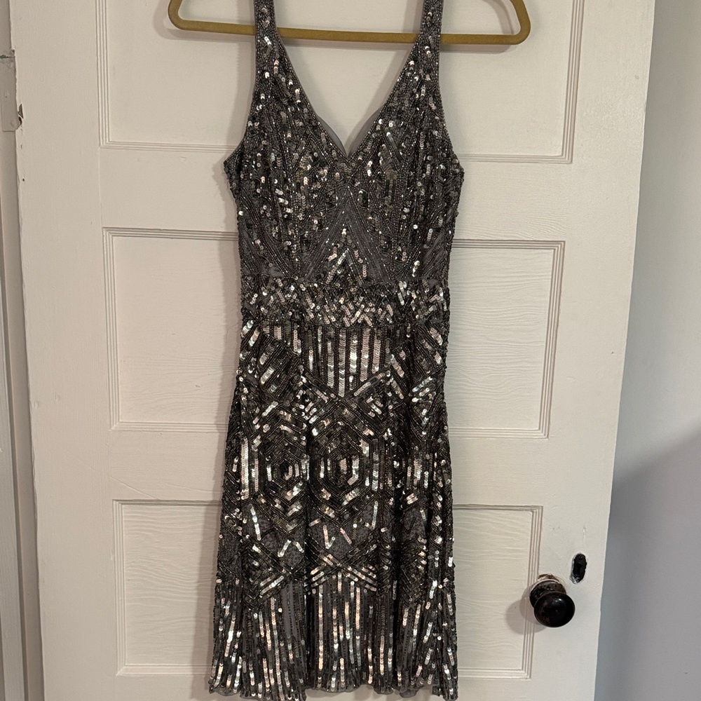 Primavera Couture Elegant Silver Sequin Dress

37 inches long 
28 inch waist